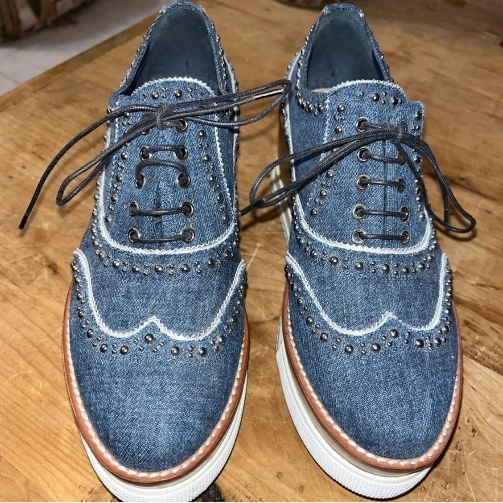 Miu Miu RARE DENIM PLATFORM Studded Wingtip Oxfords SNEAKERS  SHOES 7.5